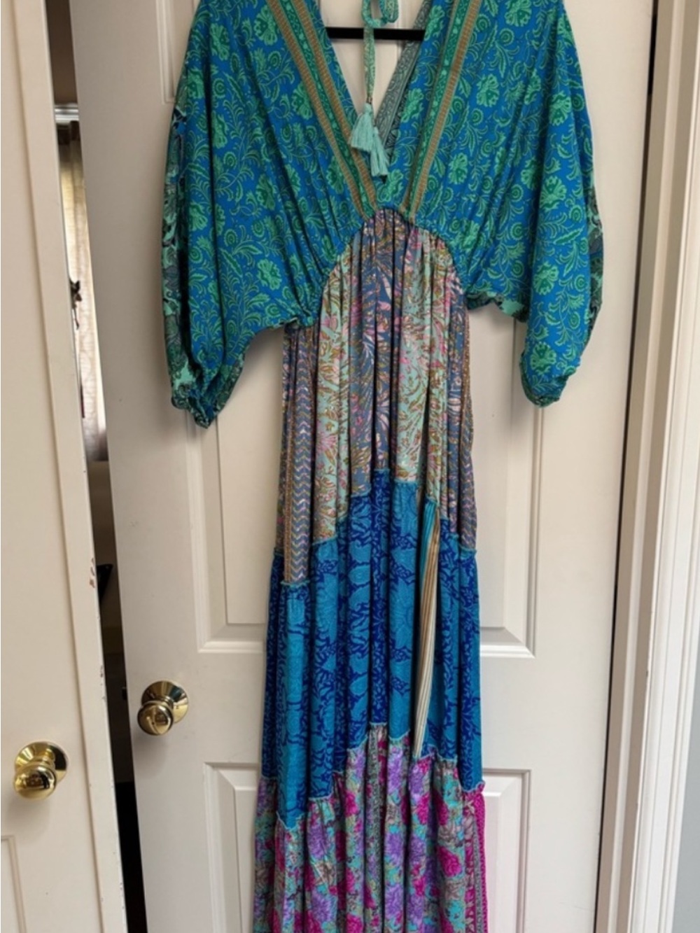Karma Highway Bohemian V-Neck Tiered Maxi Dress in Teal & Blue - Picture 2 of 3